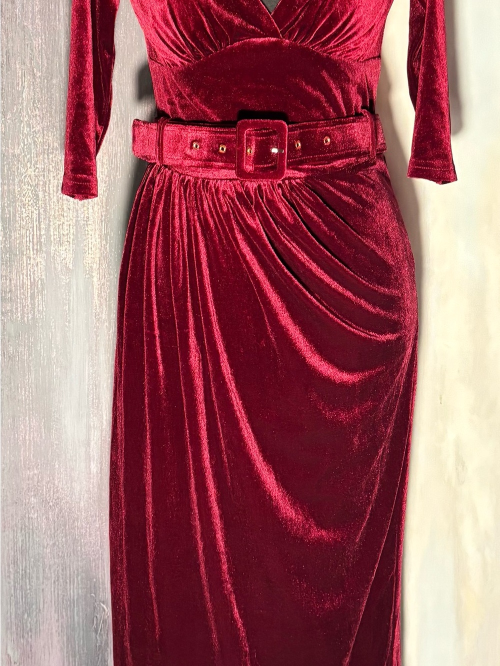 Burgundy Velvet Wiggle Midi Dress Screen Siren Pin Up Retro Cocktail NWT - Picture 2 of 7